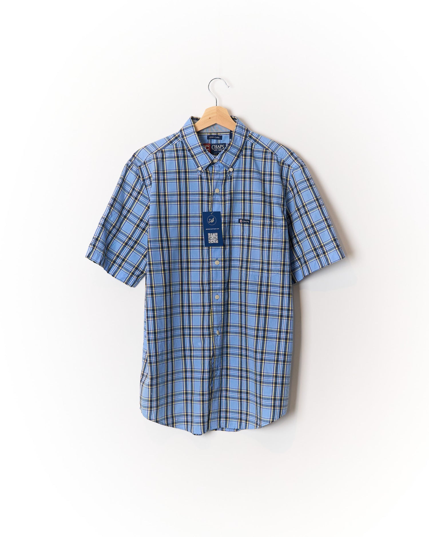 Ralph Lauren Chaps Blue, Navy and Yellow Checkered Button Down Short Sleeved Cotton Shirt