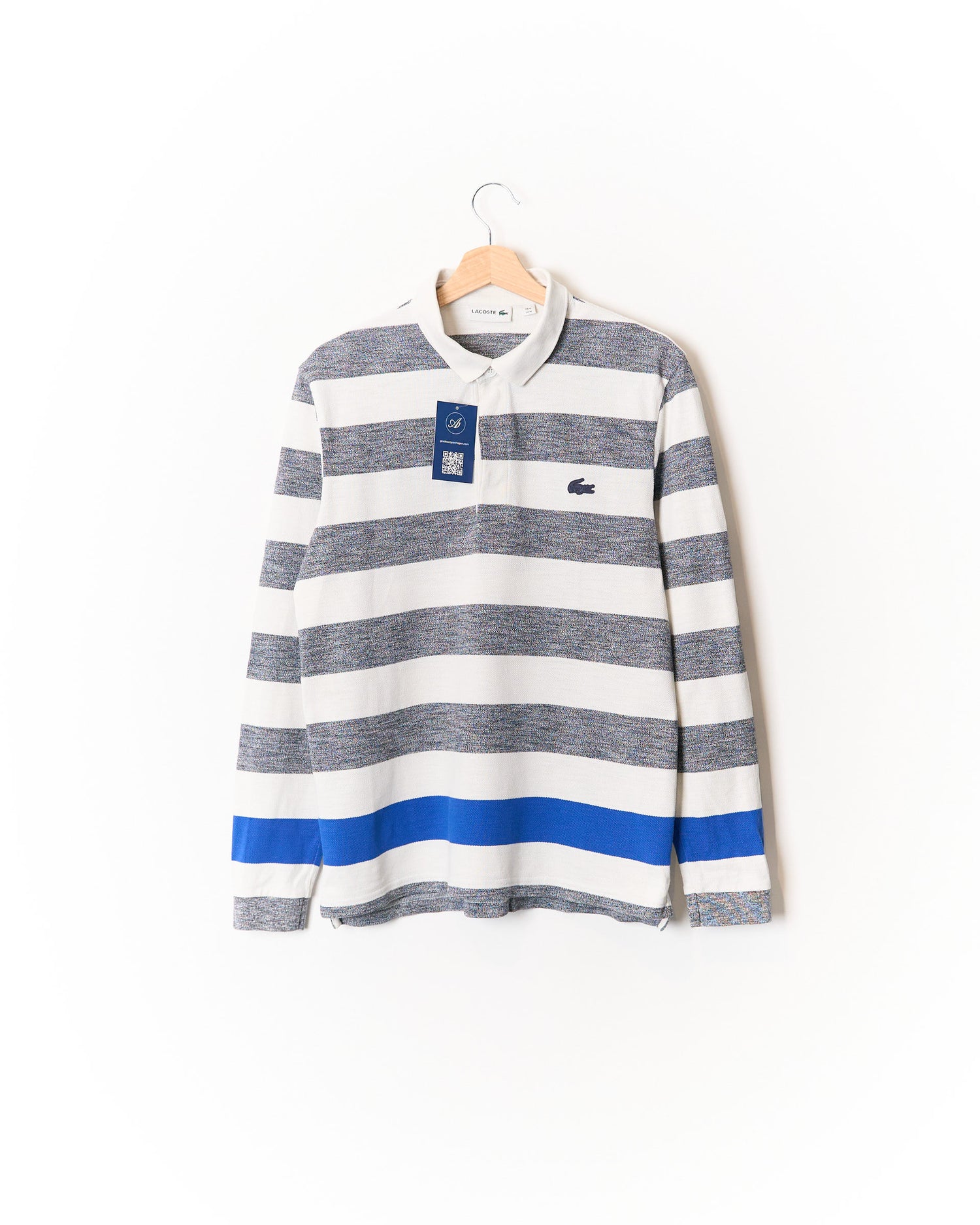 Lacoste White and Grey Striped Cotton Rugger