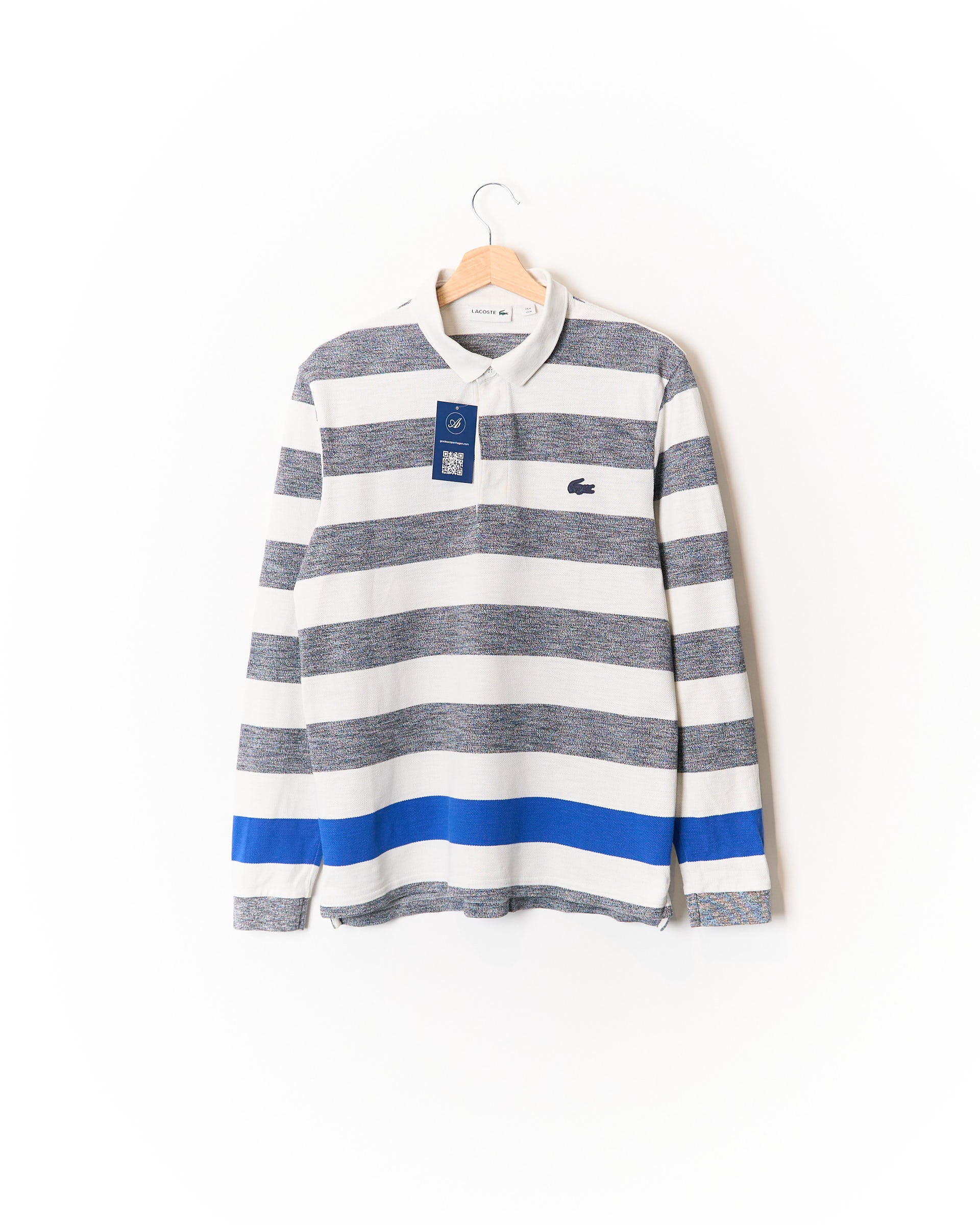 Lacoste White and Grey Striped Cotton Rugger