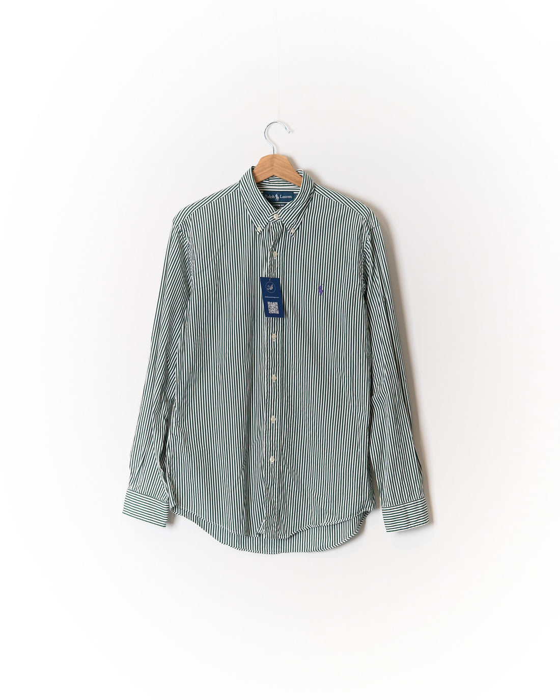 Ralph Lauren Green and White Striped Custom Fit Button Down Cotton Shirt