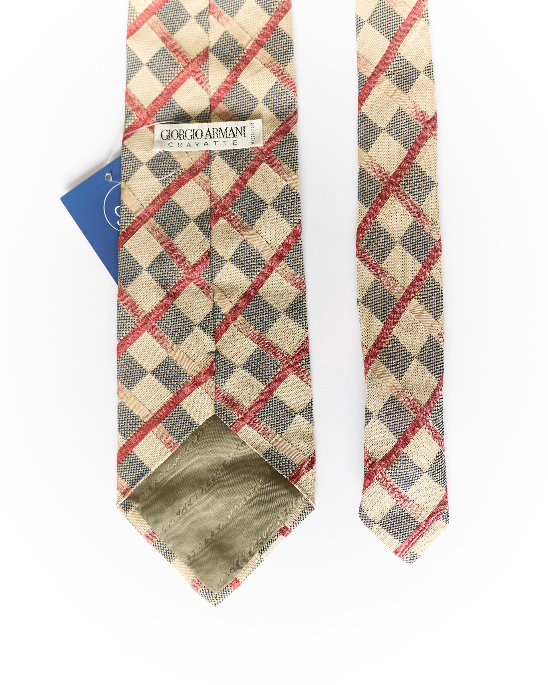 Giorgio Armani Cream, Red and Navy Checkered Silk Tie