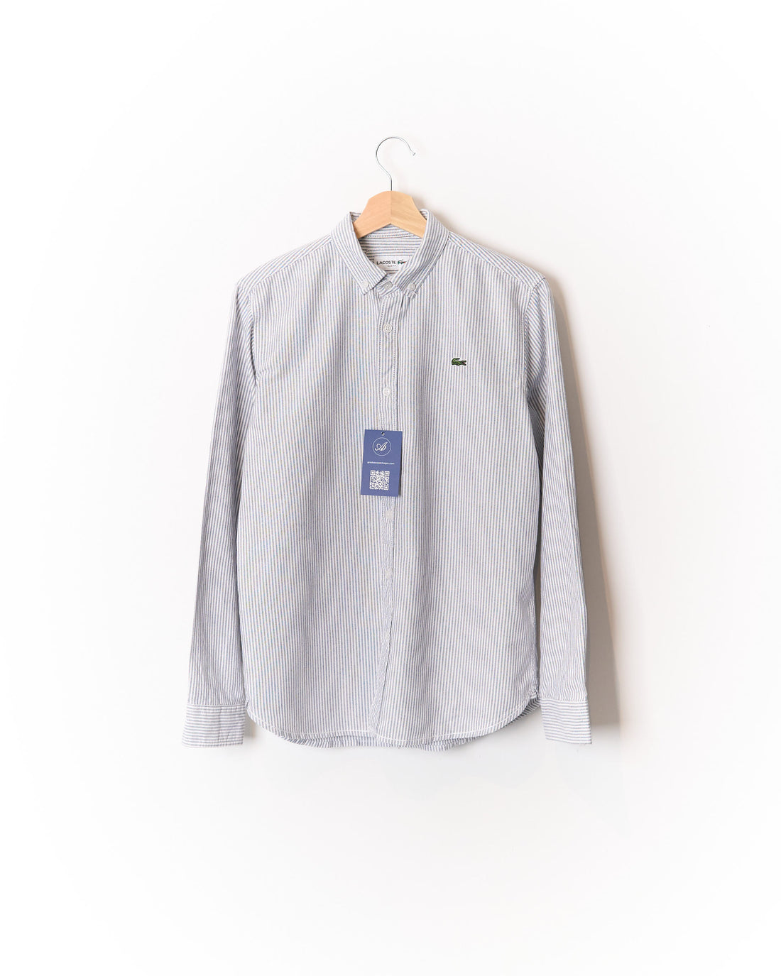 Lacoste White and Dark Grey Striped Slim Fit Strech Button Down Cotton Shirt
