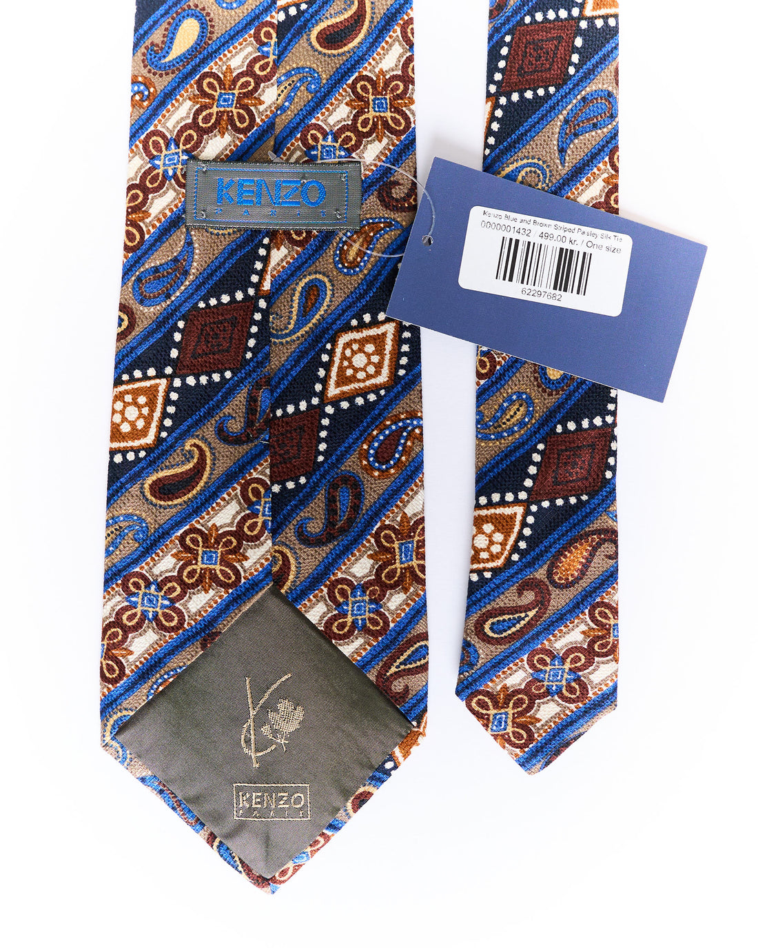 Kenzo Blue and Brown Striped Paisley Silk Tie