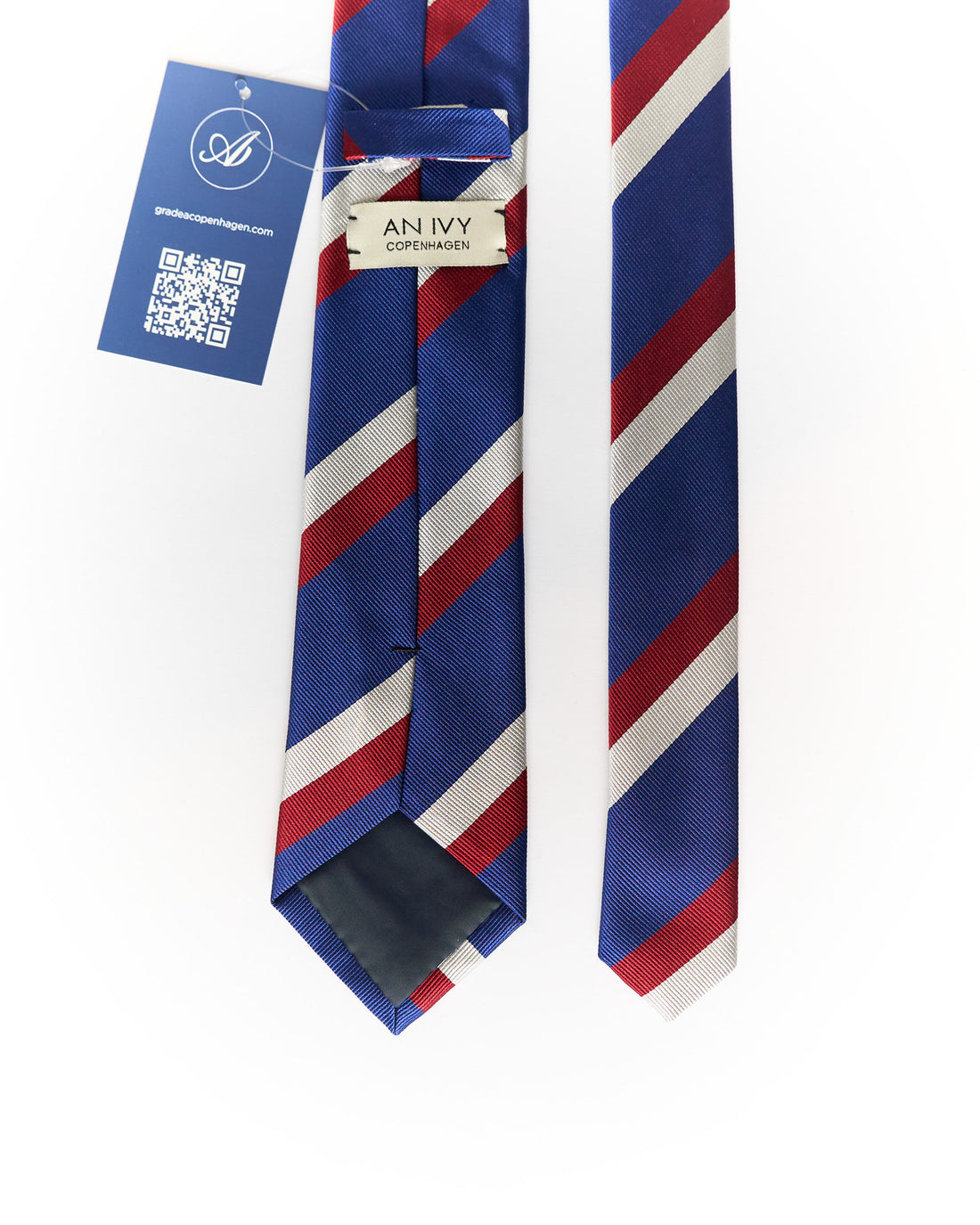 An Ivy Blue, Grey and Red Striped Hand Made Silk Tie