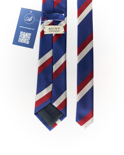 An Ivy Blue, Grey and Red Striped Hand Made Silk Tie