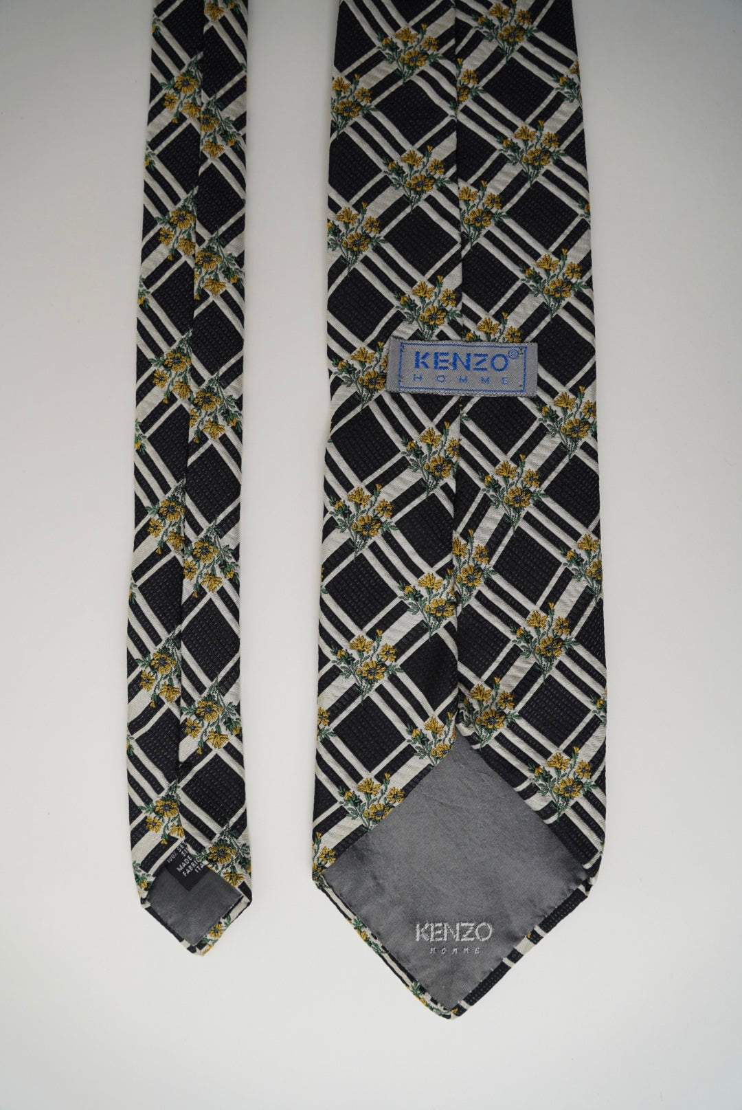Kenzo Black and Creme Checkered Flower Print Silk Tie