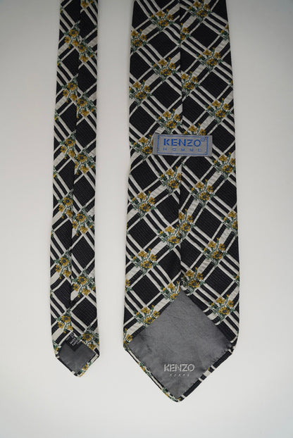Kenzo Black and Creme Checkered Flower Print Silk Tie