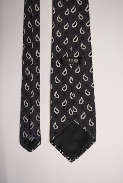 Hugo Boss Grey, Navy and White Paisley Silk Tie