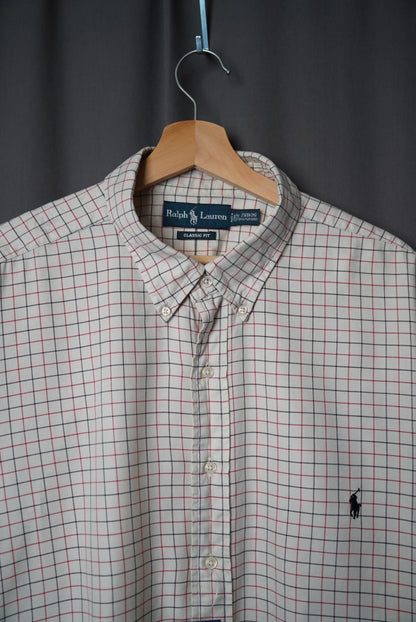Ralph Lauren White, Navy and Red Checkered Classic Fit Button Down Cotton Shirt