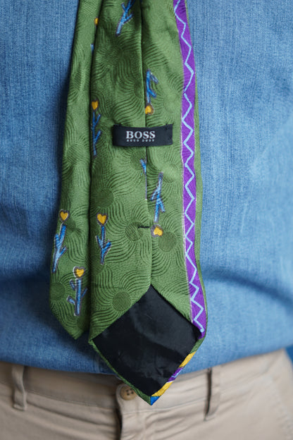 Hugo Boss Vintage Green and Multicolored Silk Tie