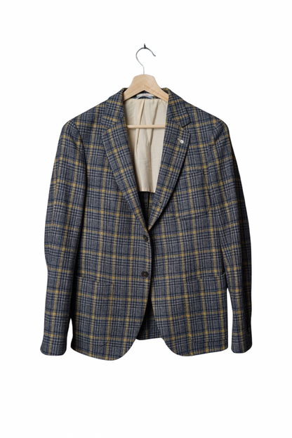 Gant Rugger Blue and Yellow Checkered 3/2 Roll Wool Blazer