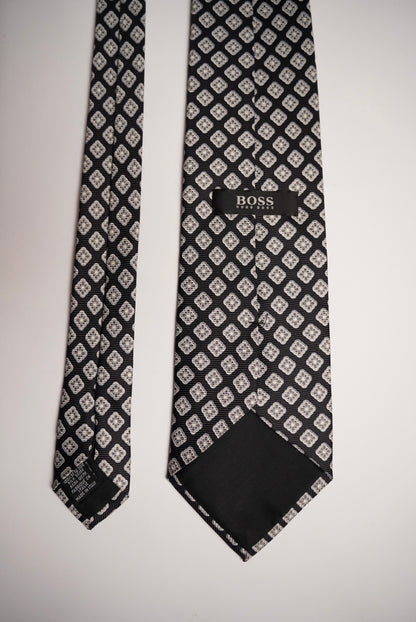 Hugo Boss Black and White Flower Dotted Silk Tie
