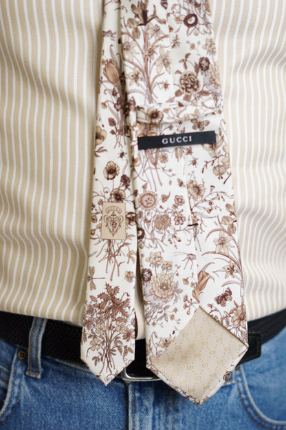 Gucci Cream Flower Pattern Silk Tie