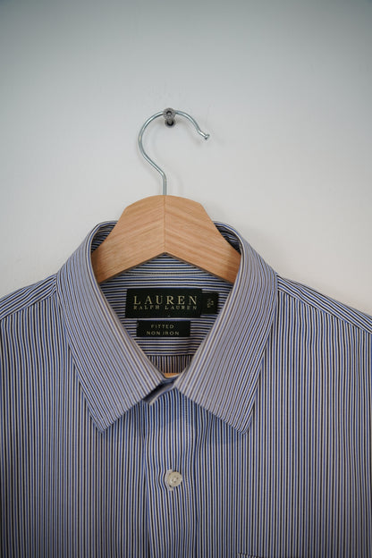 Ralph Lauren White, Blue and Brown Striped Fitted Non-Iron Cotton Shirt