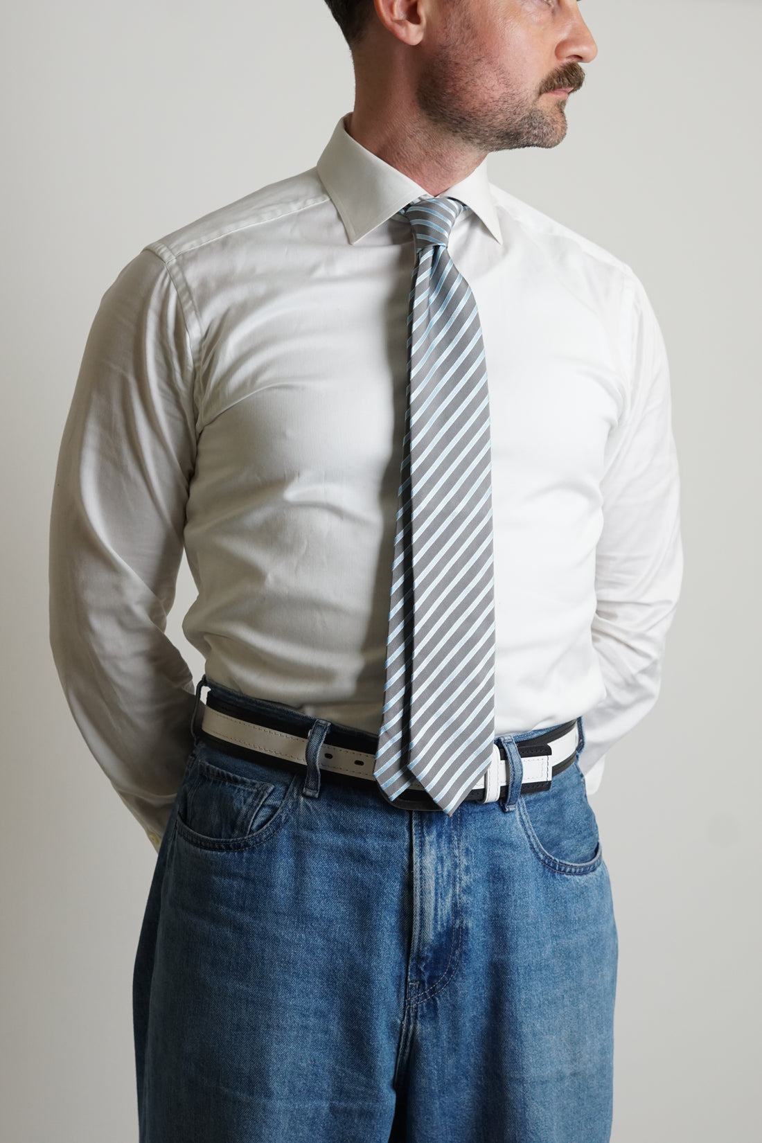 Eton Lightblue and Grey Striped Silk and Cotton Tie