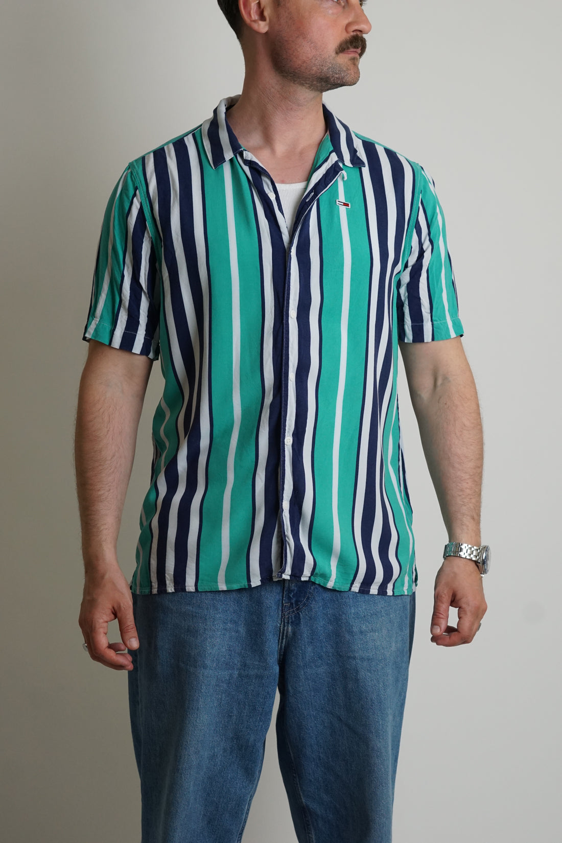 Tommy Hilfiger Green and Navy Striped Relaxed Fit Short Sleeved Shirt