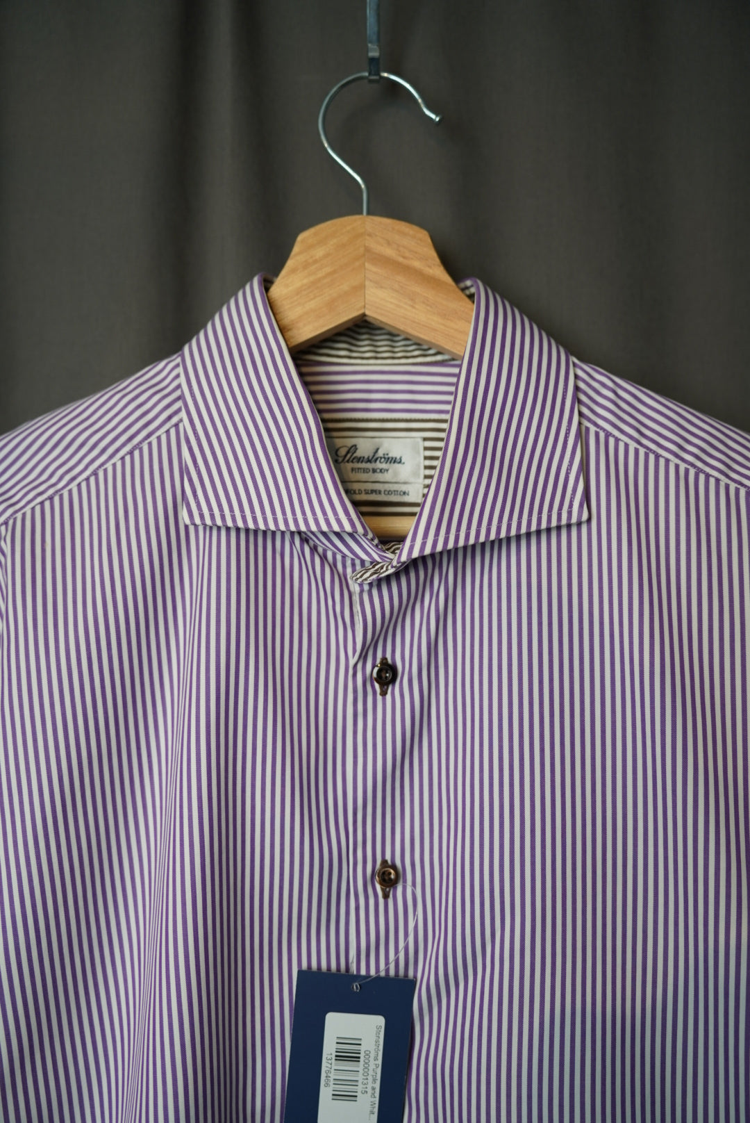 Stenströms Purple and White Striped Fitted Body Two Fold Super Cotton Shirt