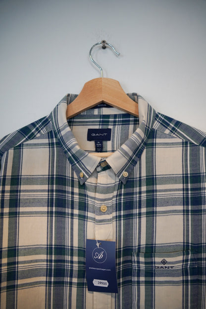 Gant Blue and Cream Checkered Regular Fit Cotton Shirt