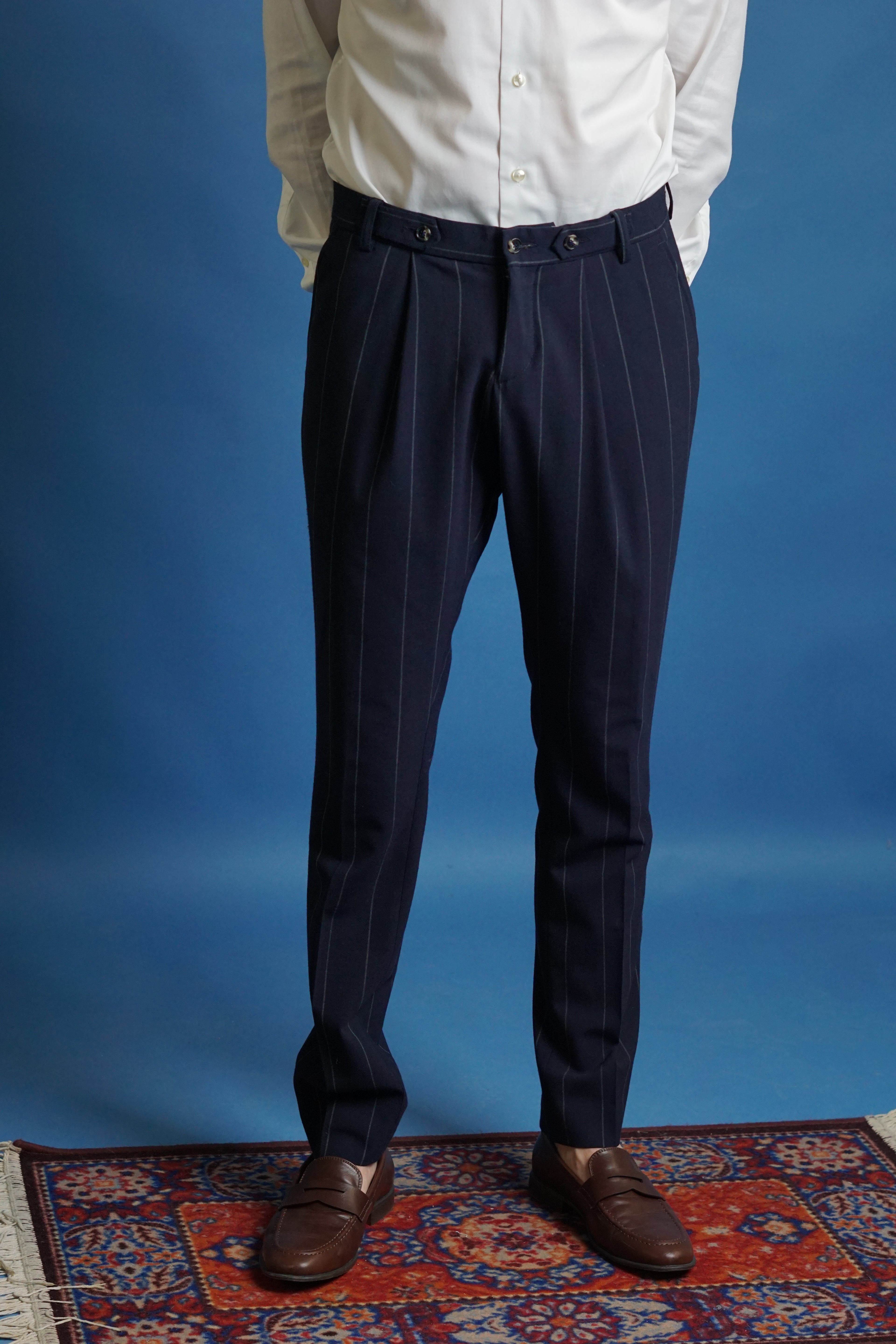 Bertoni Navy Pinstriped Dress Pants