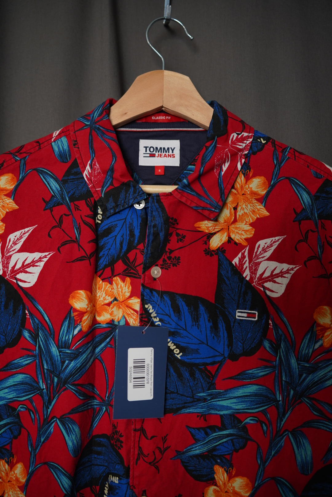 Tommy Hilfiger Jeans Red Flower Print Classic Fit Cotton Short Sleeved Shirt