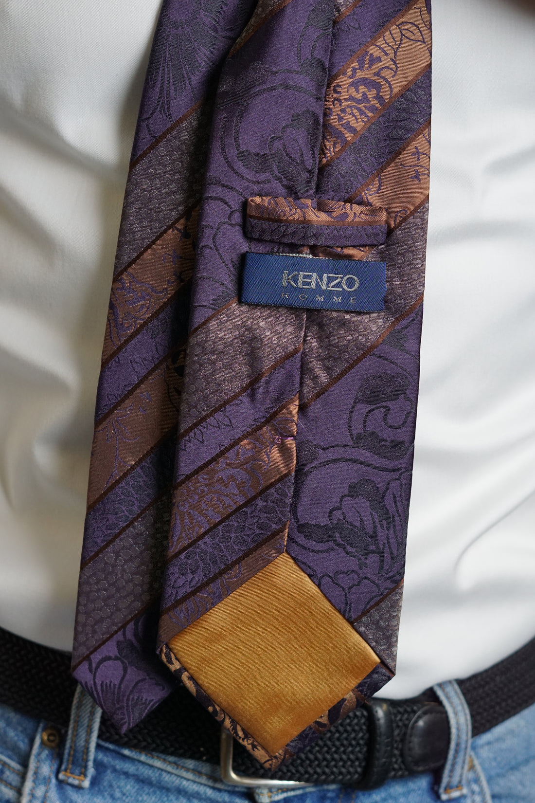 Kenzo Homme Purple, Grey and Gold Striped Flower Slik Tie