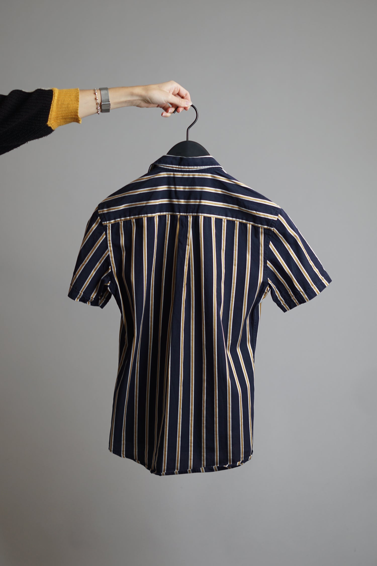 Les Deux Navy Cotton Yellow Striped Short Sleeved Shirt