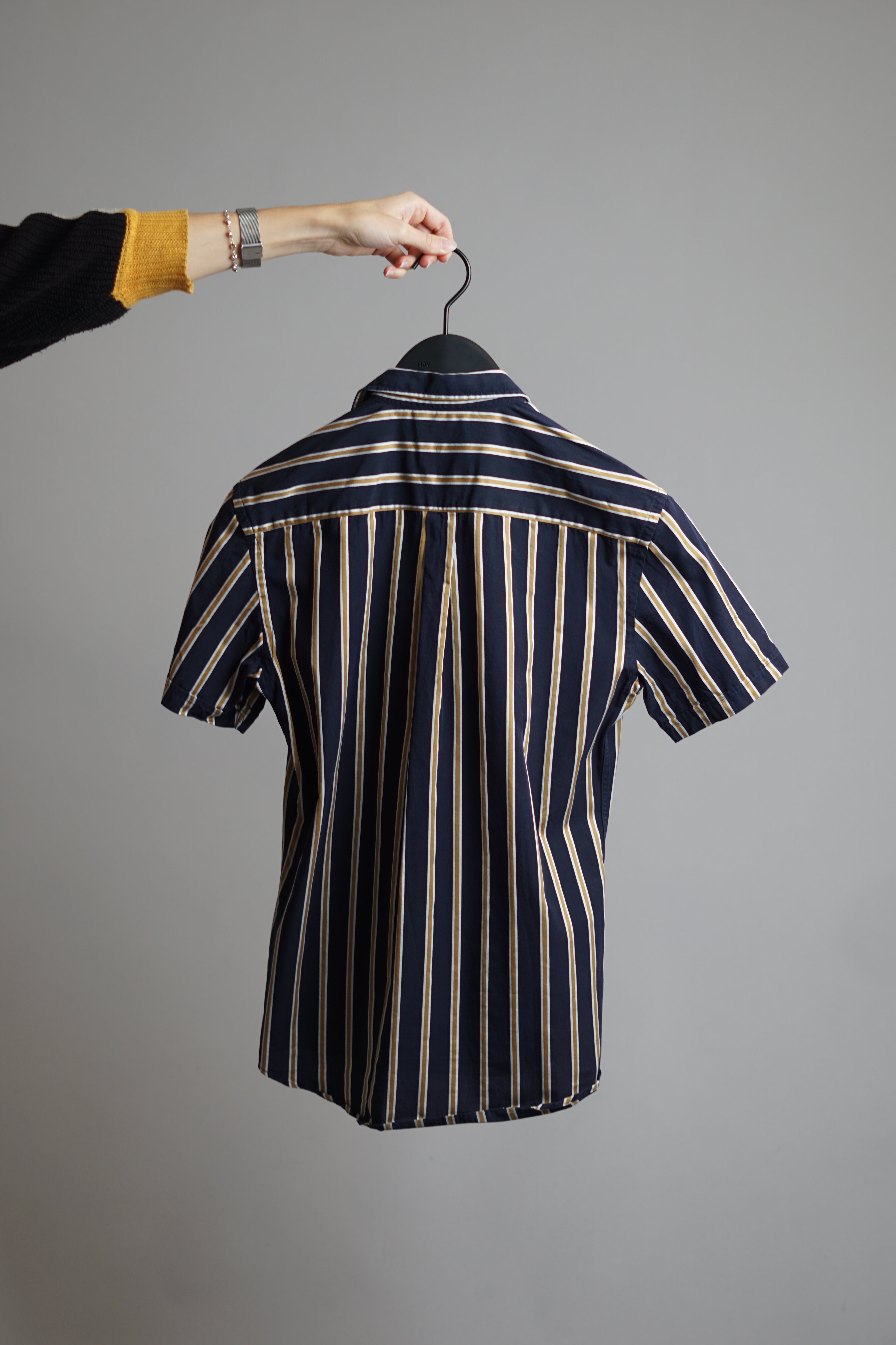 Les Deux Navy Cotton Yellow Striped Short Sleeved Shirt