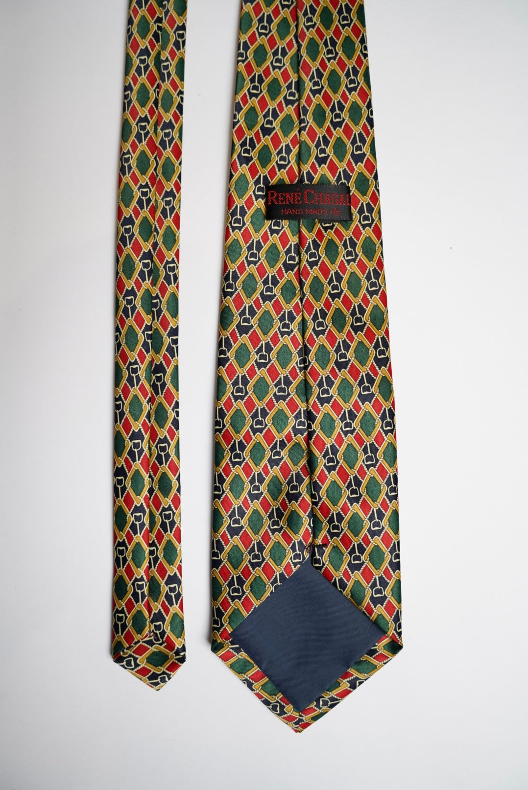 René Chagal Red, Green, Nave and Gold Chain Print Hand Made Tie