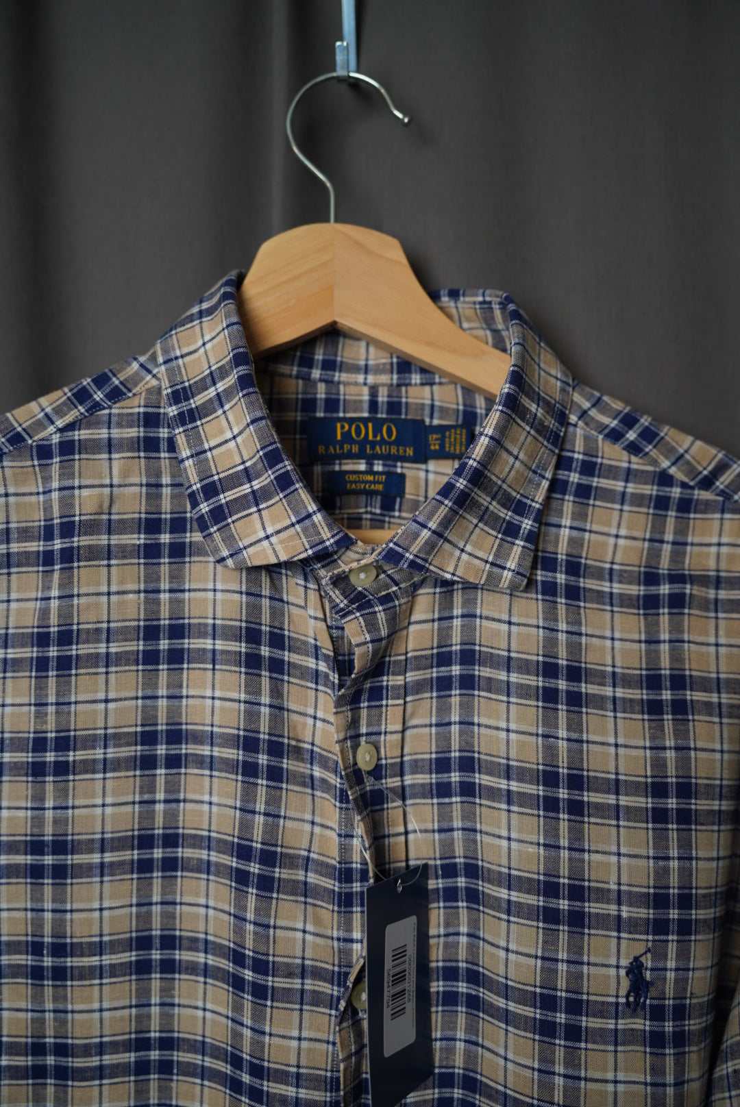 Polo Ralph Lauren Navy and Beige Checkered Custom Fit Easy Care Button Down Linen Shirt