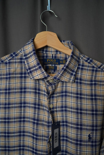 Polo Ralph Lauren Navy and Beige Checkered Custom Fit Easy Care Button Down Linen Shirt