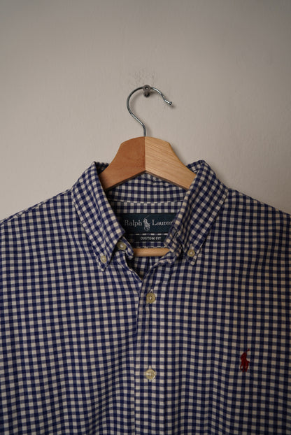 Ralph Lauren Blue and White Checkered Button Down Custom Fit Cotton Shirt