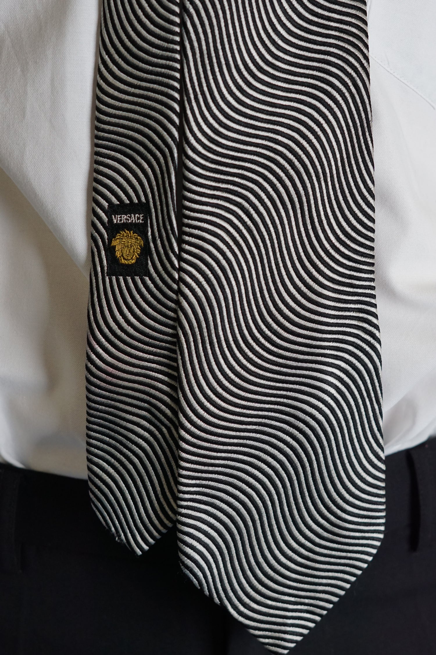 Versace White and Black Striped Silk Tie