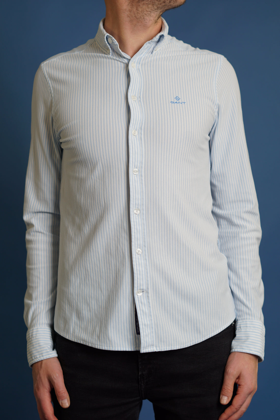 Gant Lightblue and White Striped Slim Tech Prep Pique Shirt