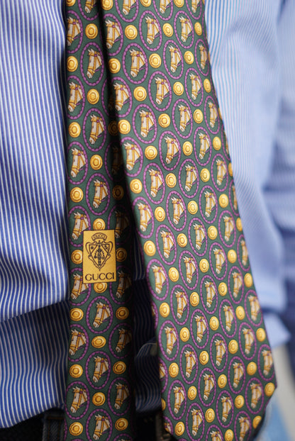 Gucci Green Horse Print Silk Tie