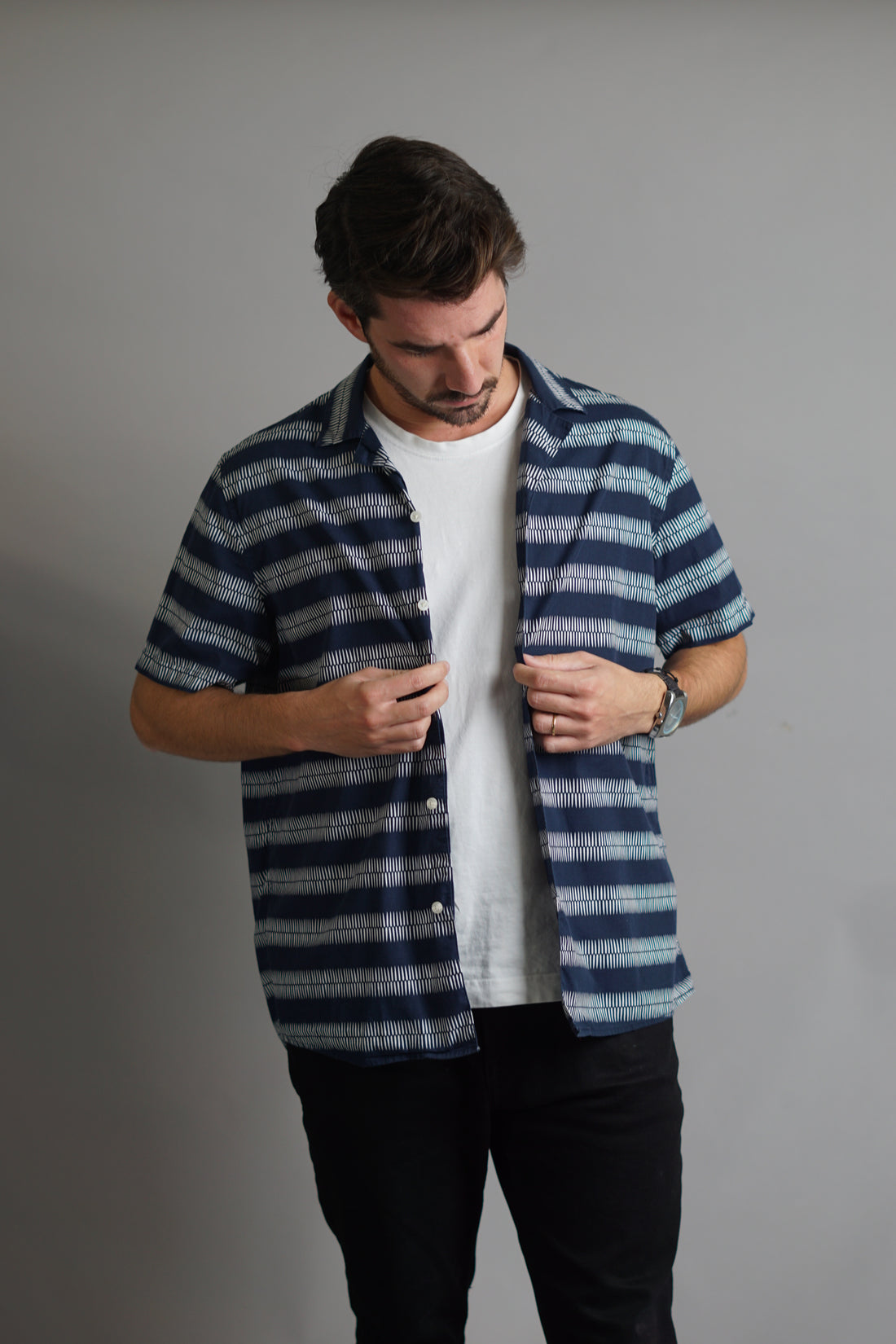 Samsøe Samsøe Navy and White Samo Striped Short Sleeved Shirt