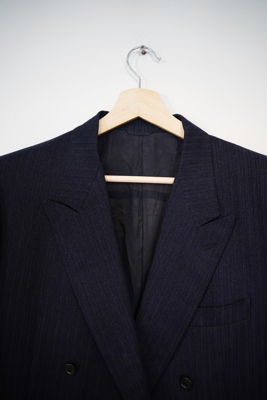 Navy and Gray Striped Double-Chested Vintage Virgin Wool Blazer