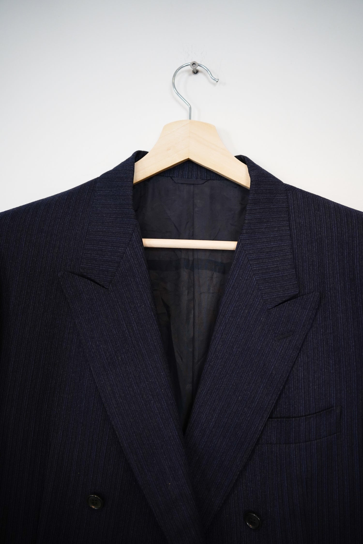 Navy and Gray Striped Double-Chested Vintage Virgin Wool Blazer
