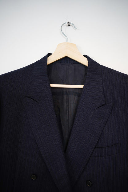 Navy and Gray Striped Double-Chested Vintage Virgin Wool Blazer