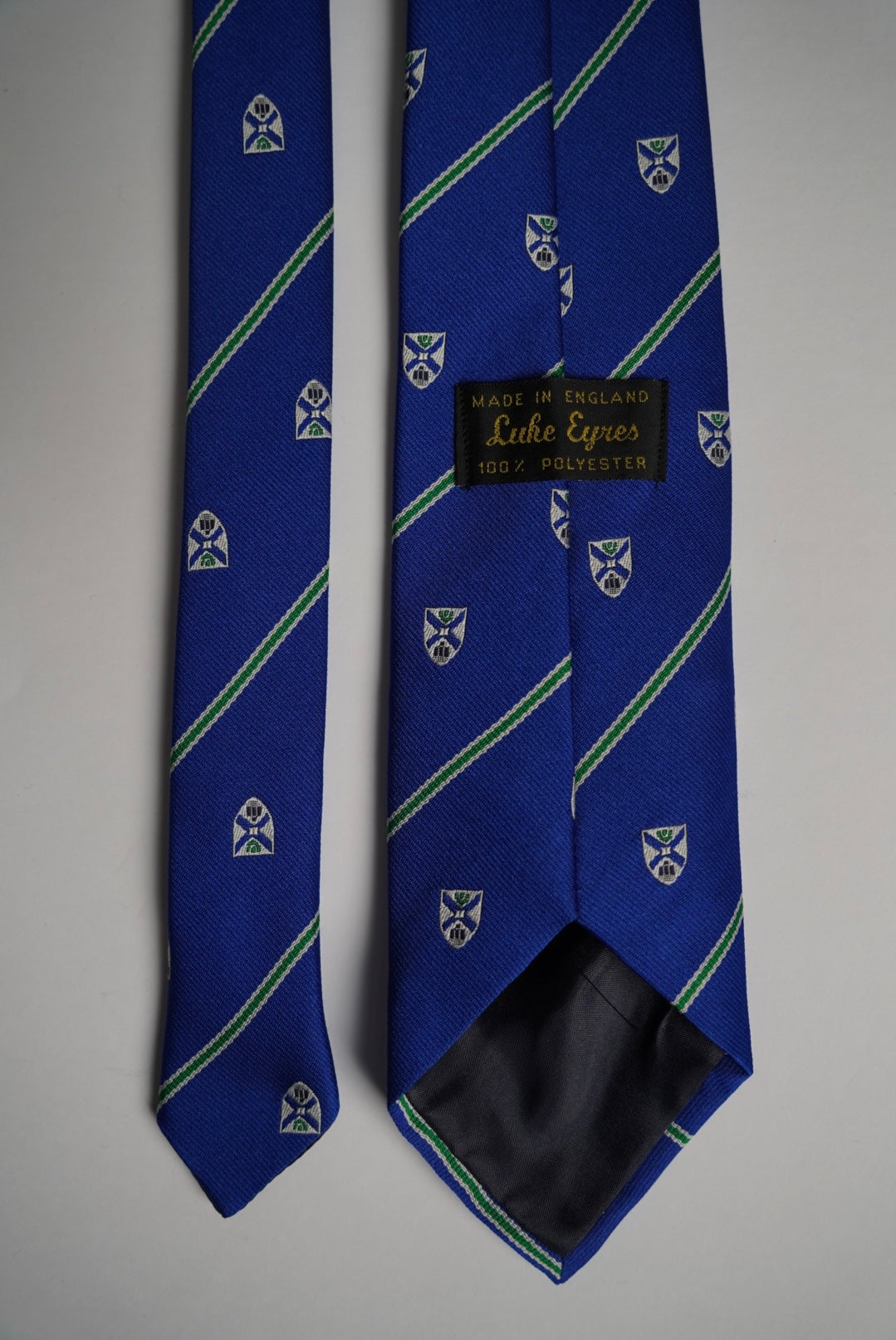 Blue, White and Green Striped Shield Crest Ivy League Tie