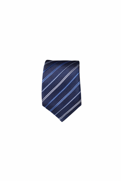 Hugo Boss Navy, Light Blue and Light Grey Striped Slim Silk Tie