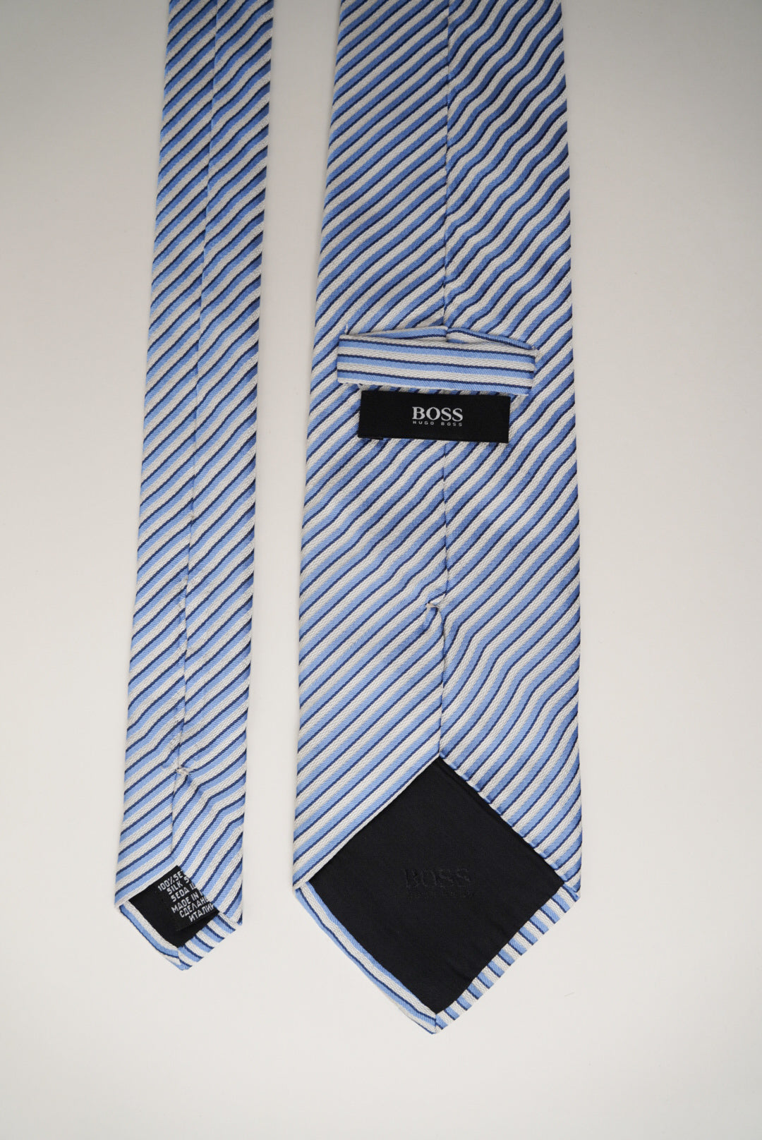 Hugo Boss Blue and White Striped Silk Tie