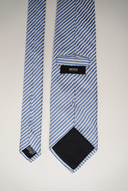 Hugo Boss Blue and White Striped Silk Tie