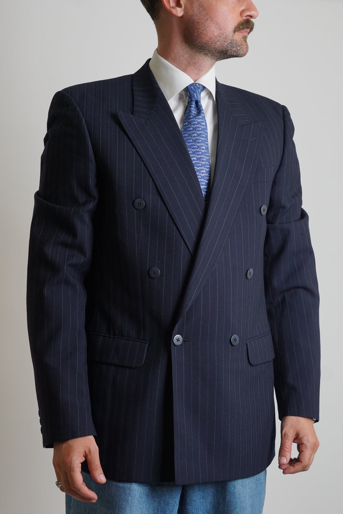 Navy Vintage Pinstriped Double Chested Blazer