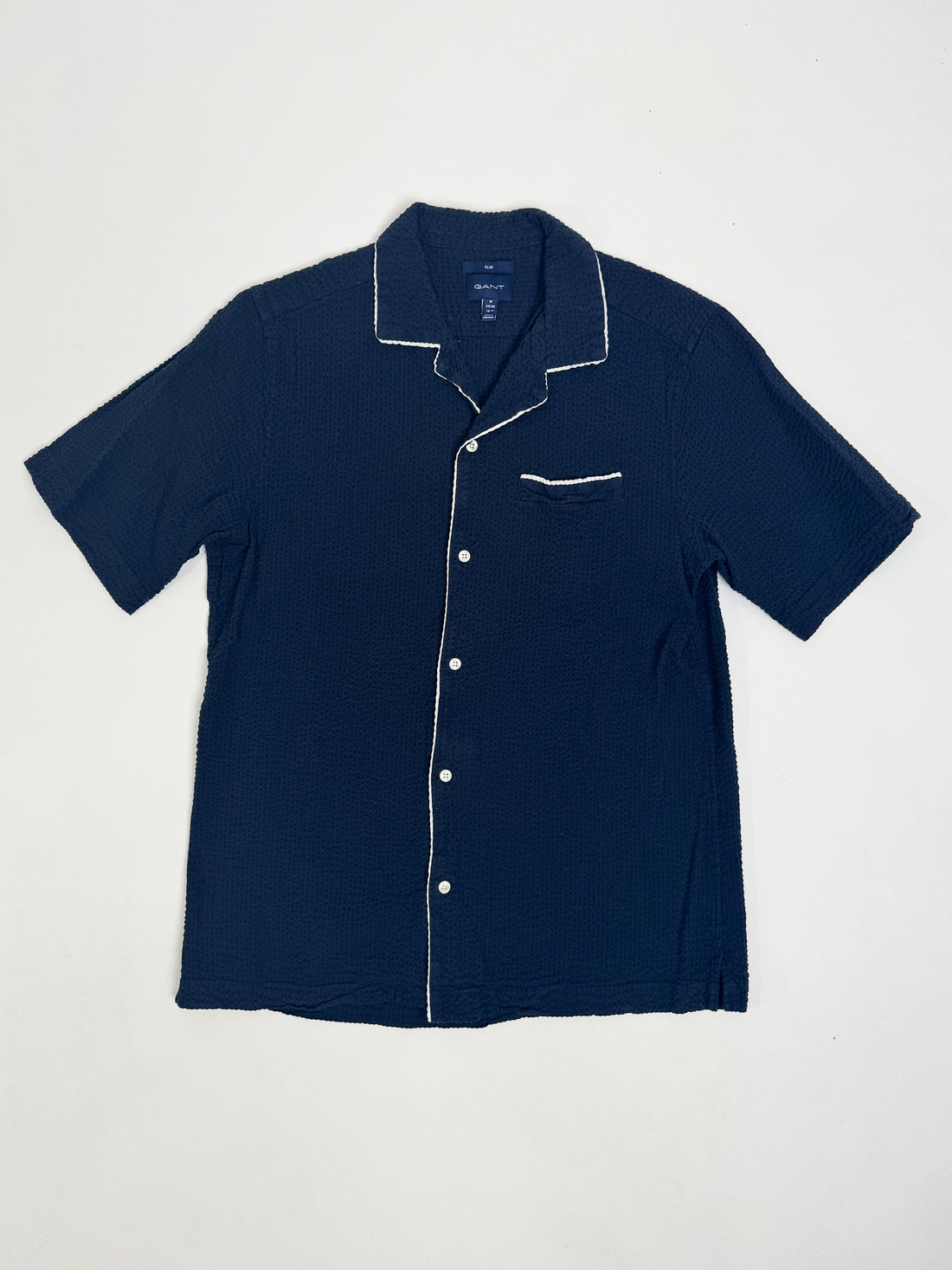 Gant Navy Seersucker Short Sleeved Slim Fit Shirt