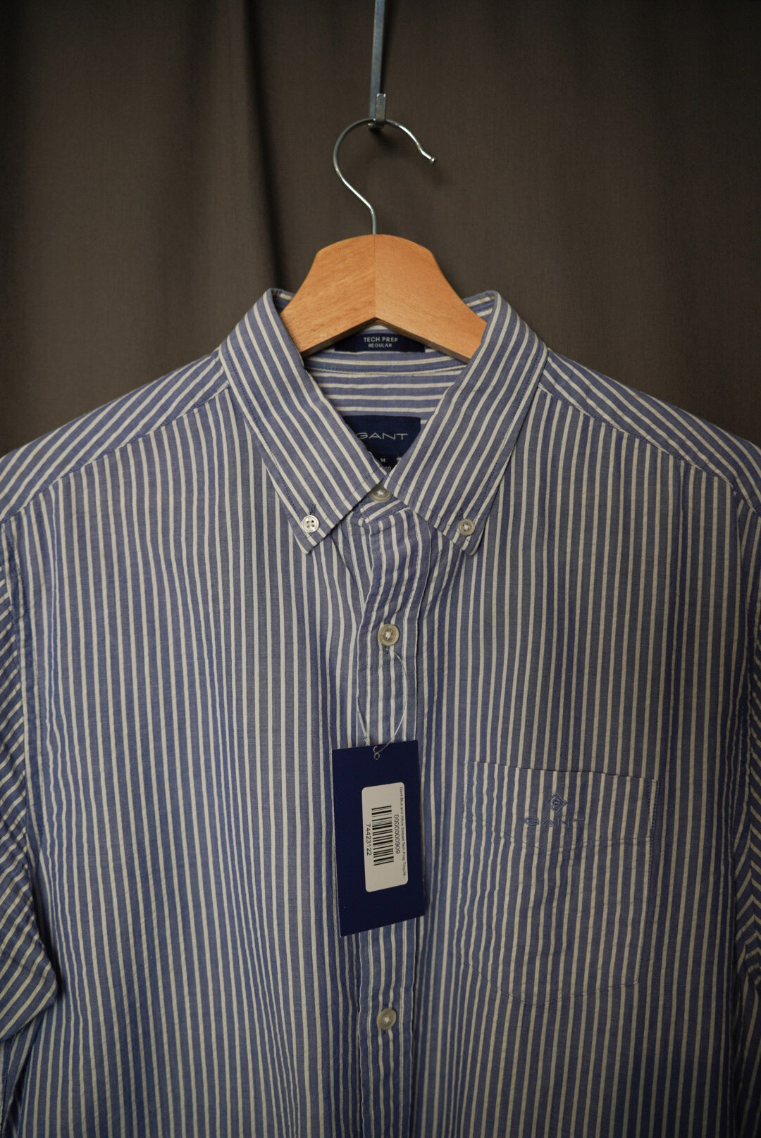 Gant Blue and White Striped Tech Prep Regular Short Sleeved Shirt