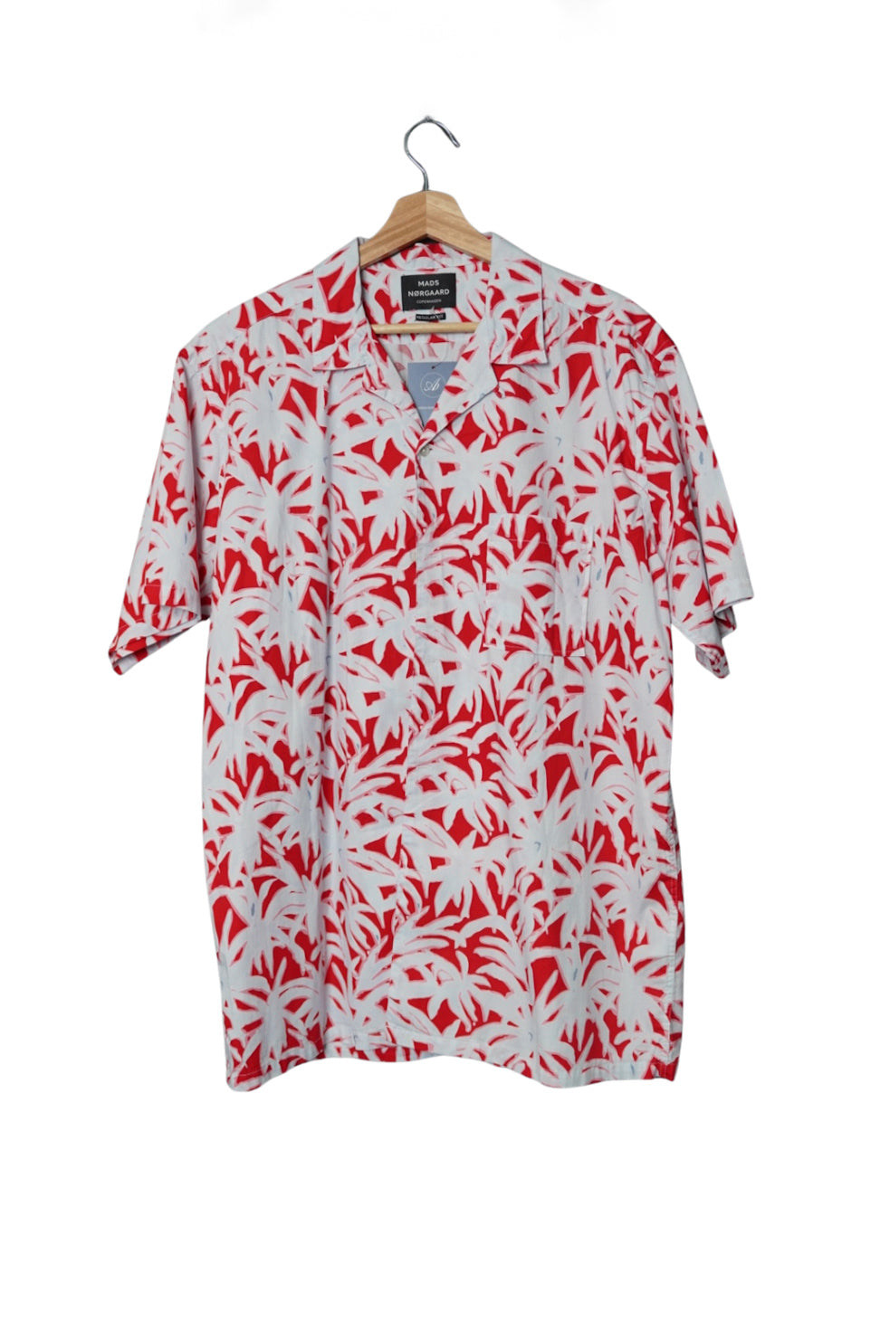 Mads Nørgaard White and Red Flower Print Regular Fit Short Sleeved Cotton Shirt