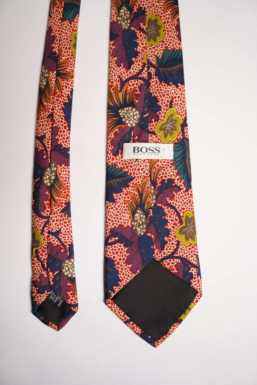 Hugo Boss Red and Multicolour Flower Print Silk Tie
