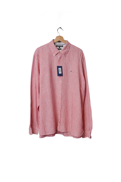 Tommy Hilfiger Pink and White Striped Premium Linen Button Down Shirt