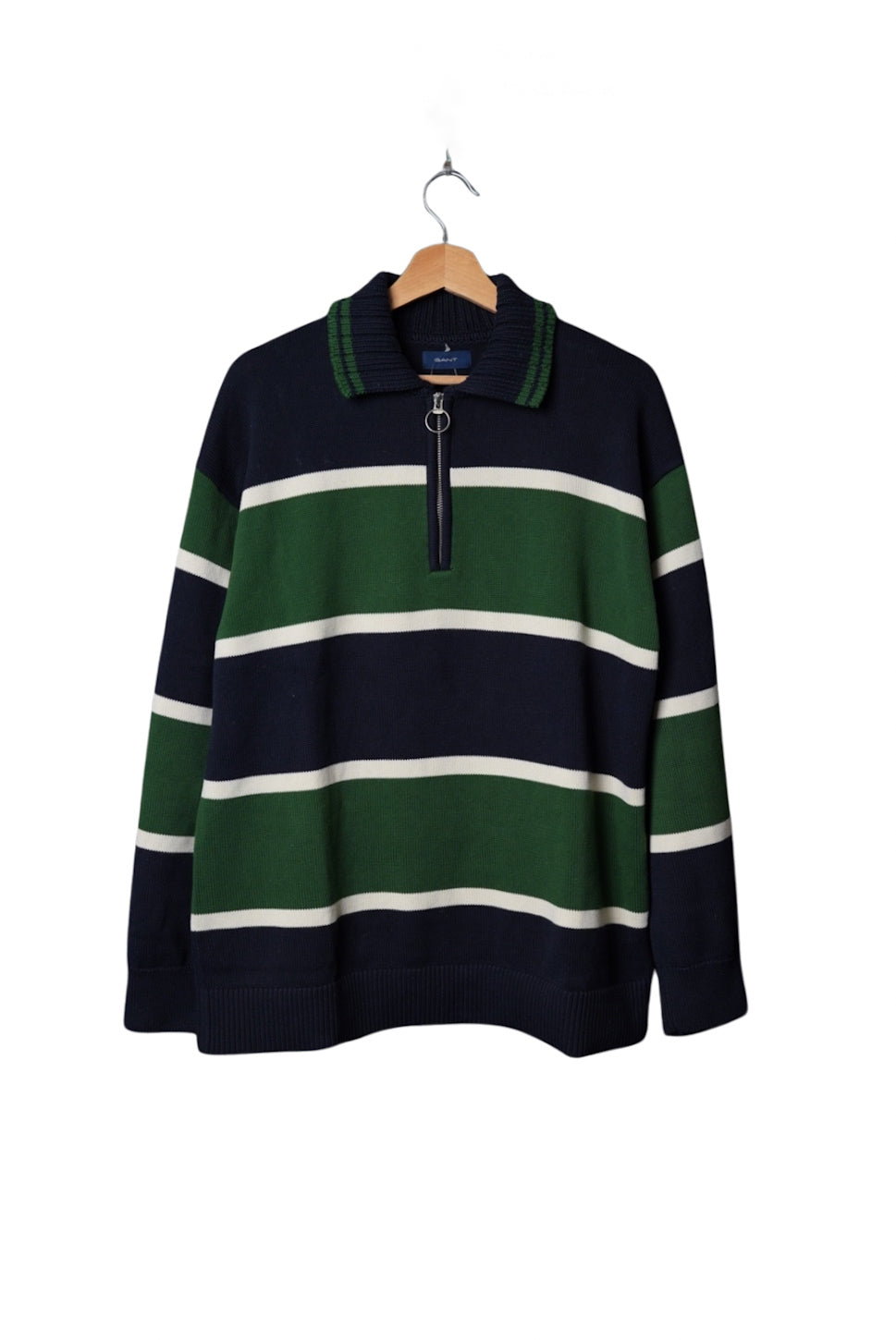 Gant Navy, Green and White Striped Half Zip Cotton Knit