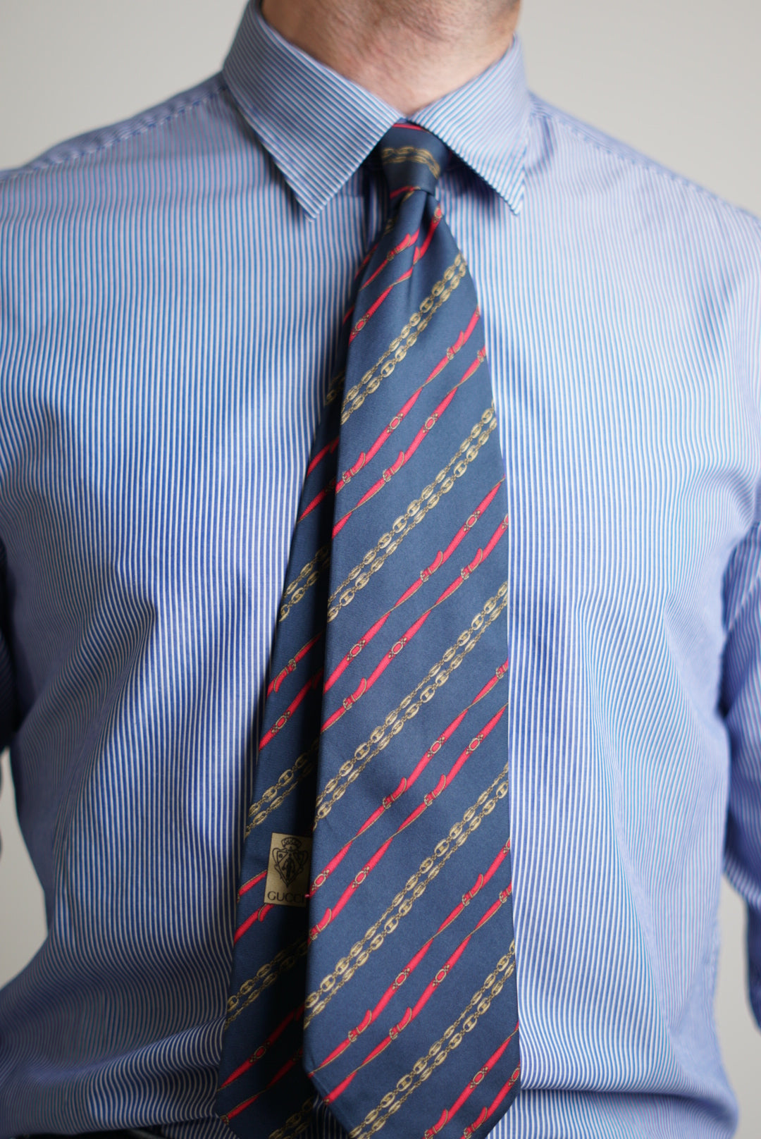 Gucci Navy Belt and Chain Silk TIe